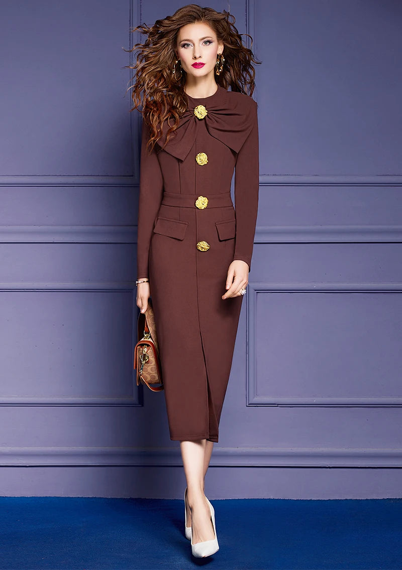 Autumn Runway Midi Dress Stand Neckline Long Sleeve XXL