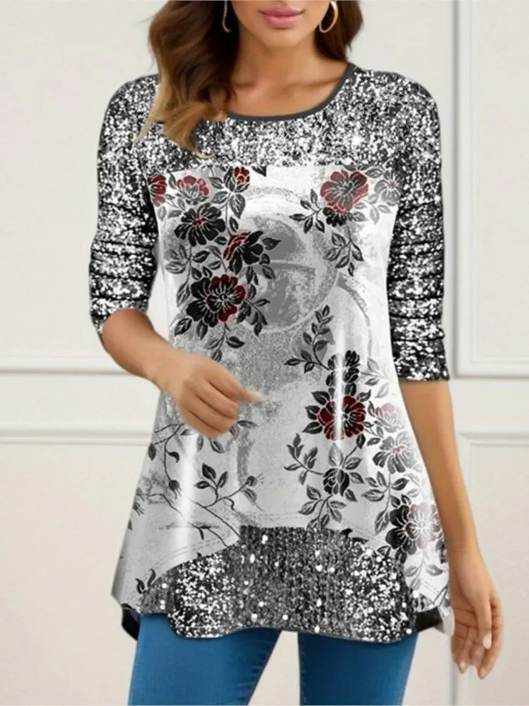 Printed Long Sleeve Tunic Shirt – Women’s Casual Fall Winter Top