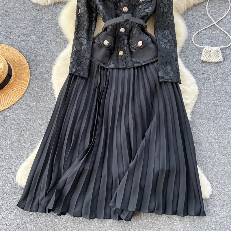Elegant Lace Patchwork Belted Midi Dress For Party Wear