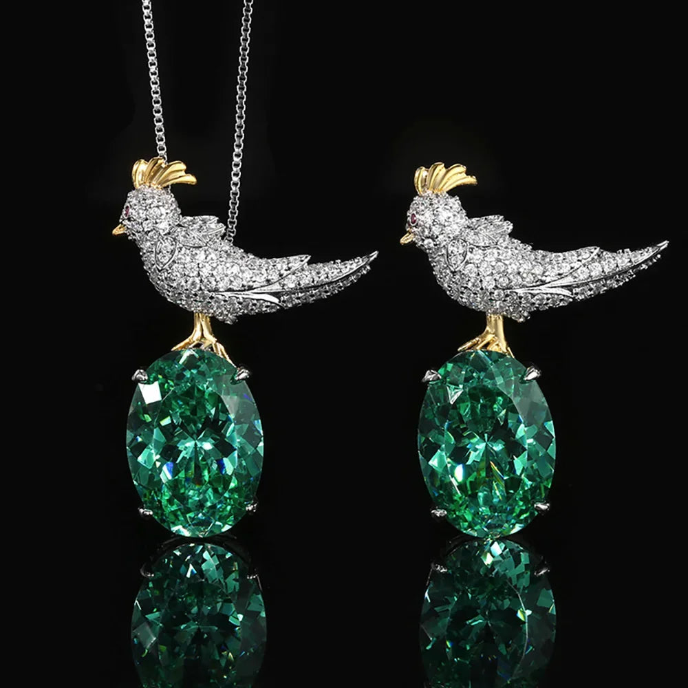Green Tourmaline Gemstone Magpie Pendant Necklace Brooch Set
