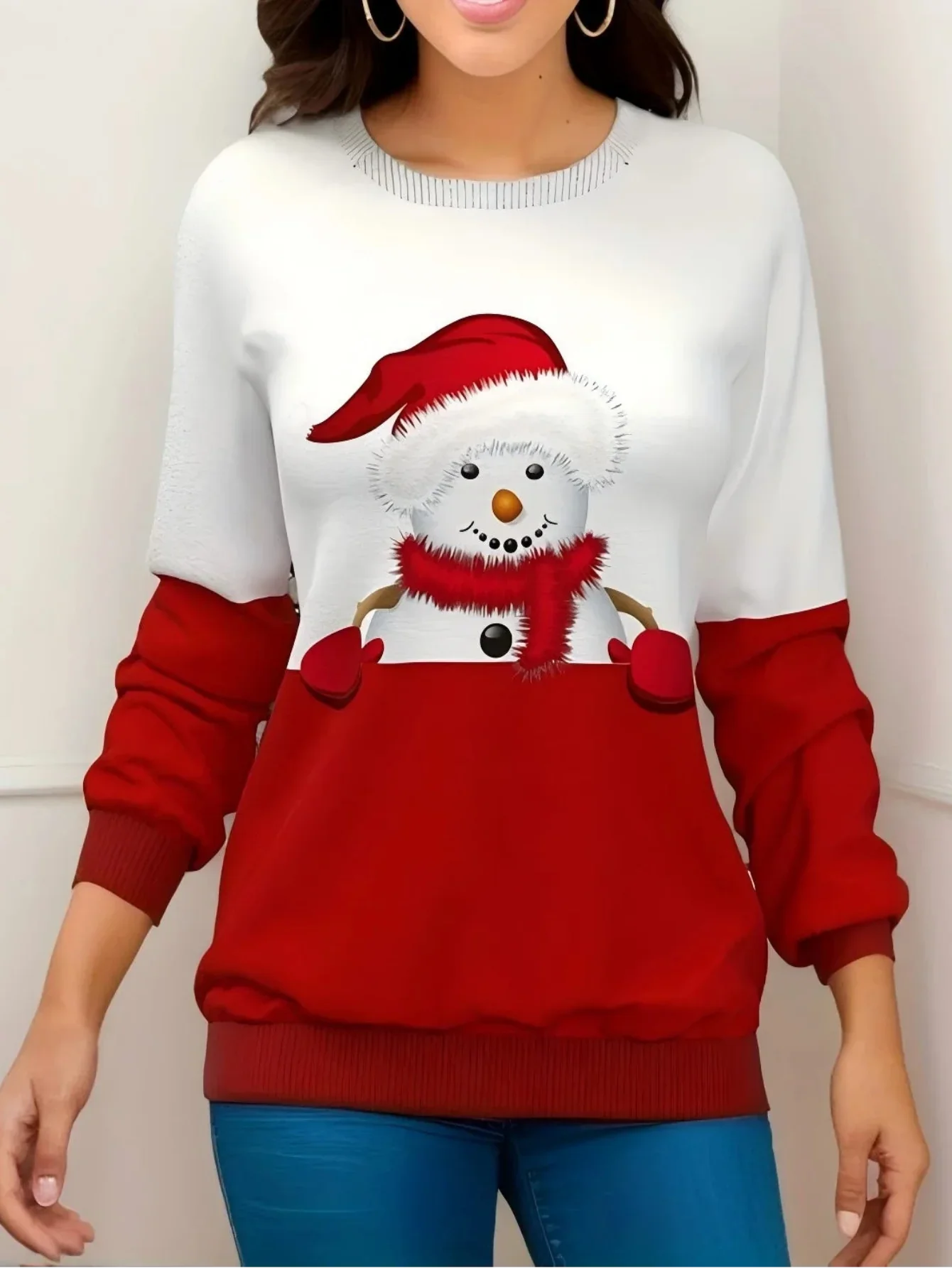Christmas Snowman With Santa Hat Print Sweatshirt