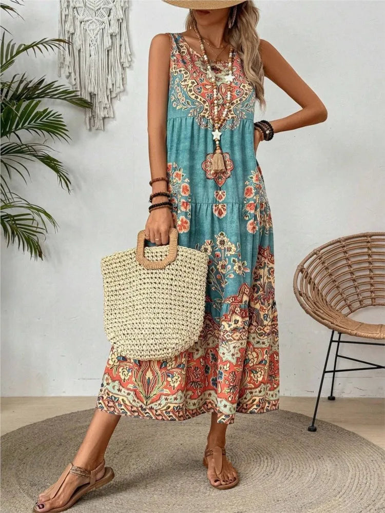 Women Vintage Print Sleeveless Dress - Loose A Line Comfort
