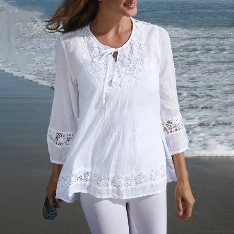 Cotton Linen Lace Splice Top – Women’s 3/4 Sleeve Casual Tunic