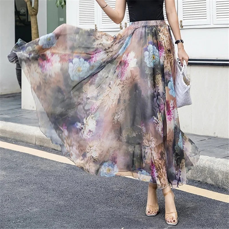 Elegant Pleated Chiffon Floral Beach Skirt for Women