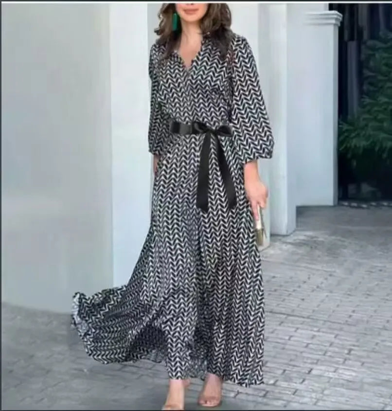 Women's Elegant Black Print Dress - V Neck Sash Style