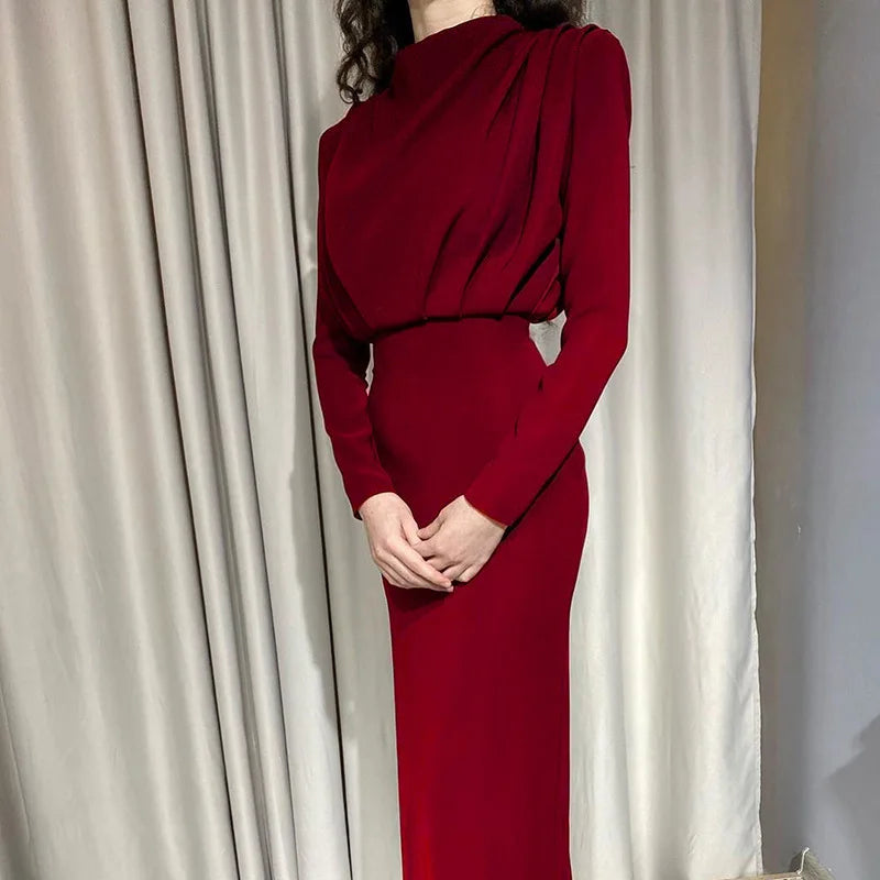 Blue Bodycon Midi Dress With Turtleneck Long Sleeve