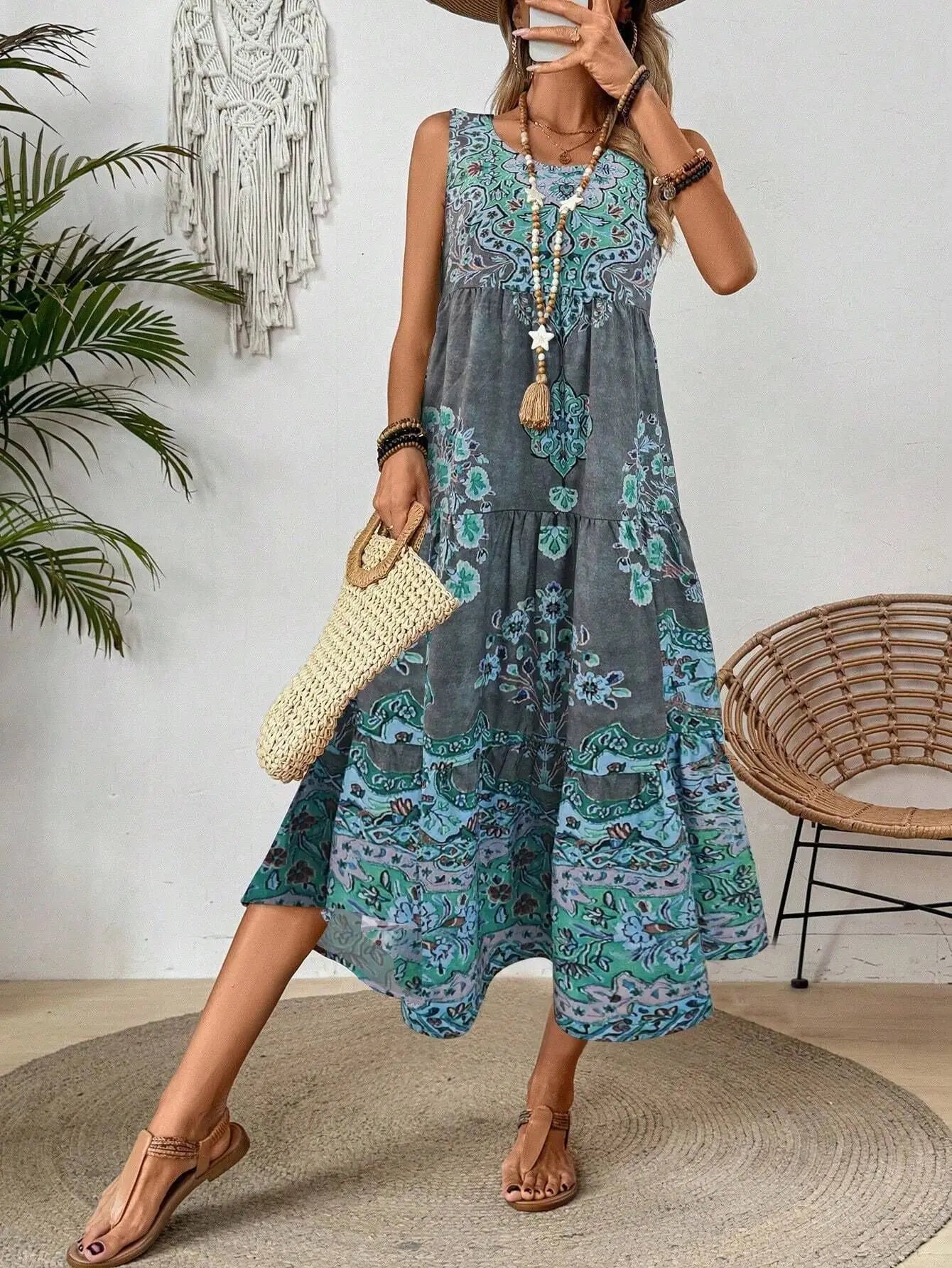 Women Vintage Print Sleeveless Dress - Loose A Line Comfort