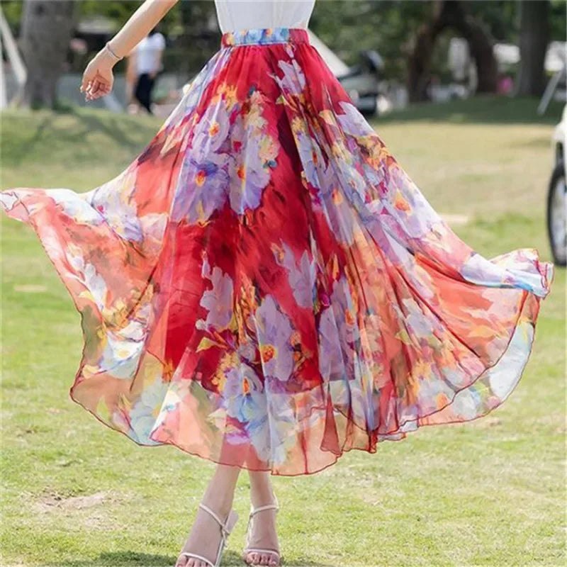 Elegant Pleated Chiffon Floral Beach Skirt for Women