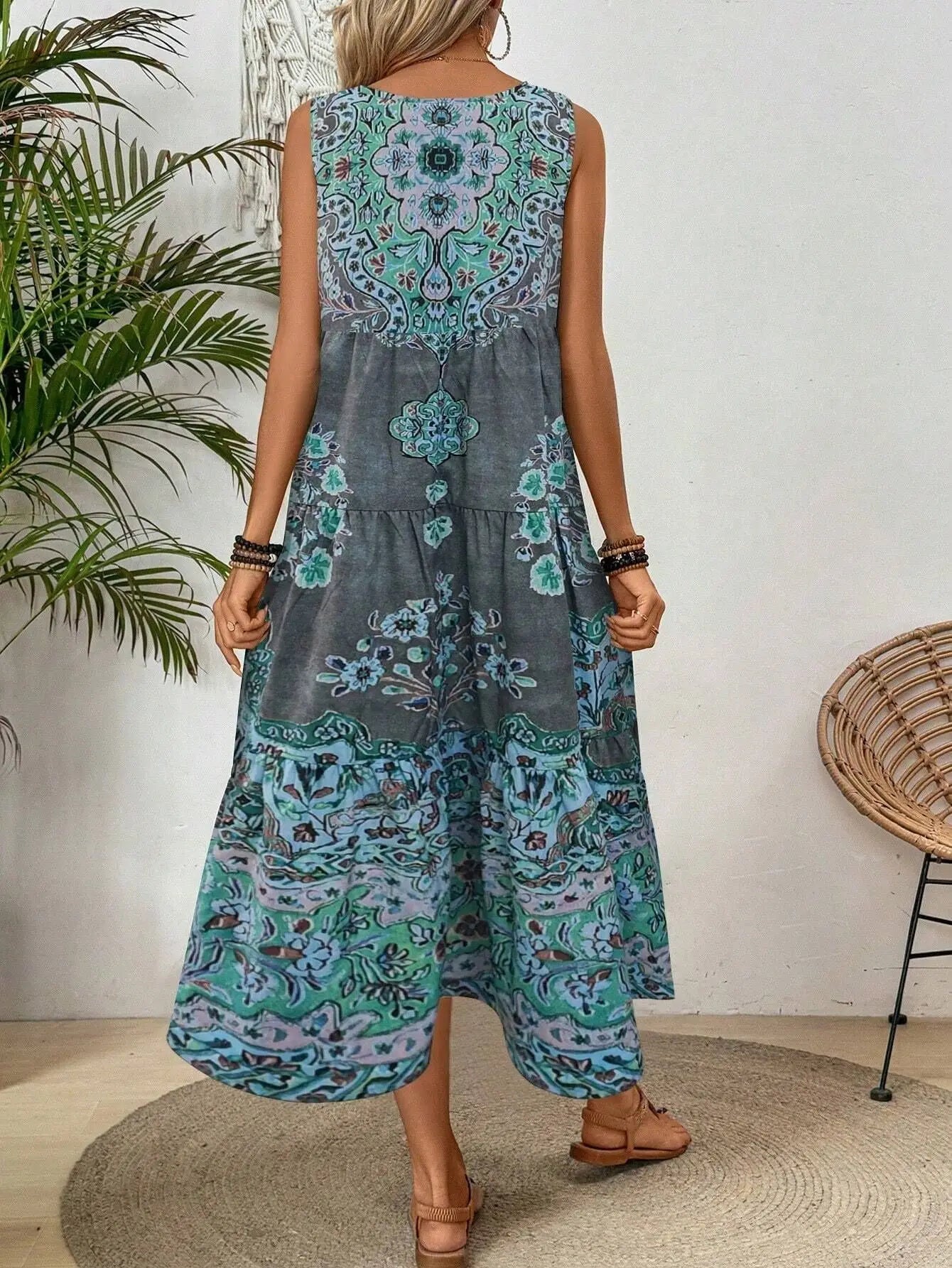 Women Vintage Print Sleeveless Dress - Loose A Line Comfort