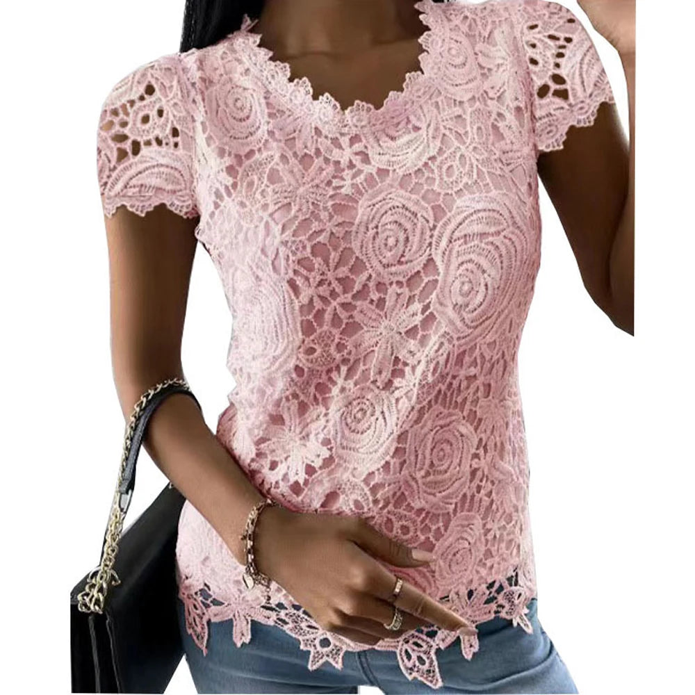 Lace V-Neck Blouse – Short Sleeve Patchwork Summer Top