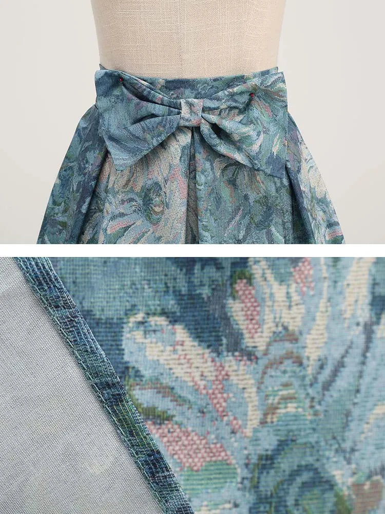 1950s Floral Print High Waist Pleated Midi Skirt