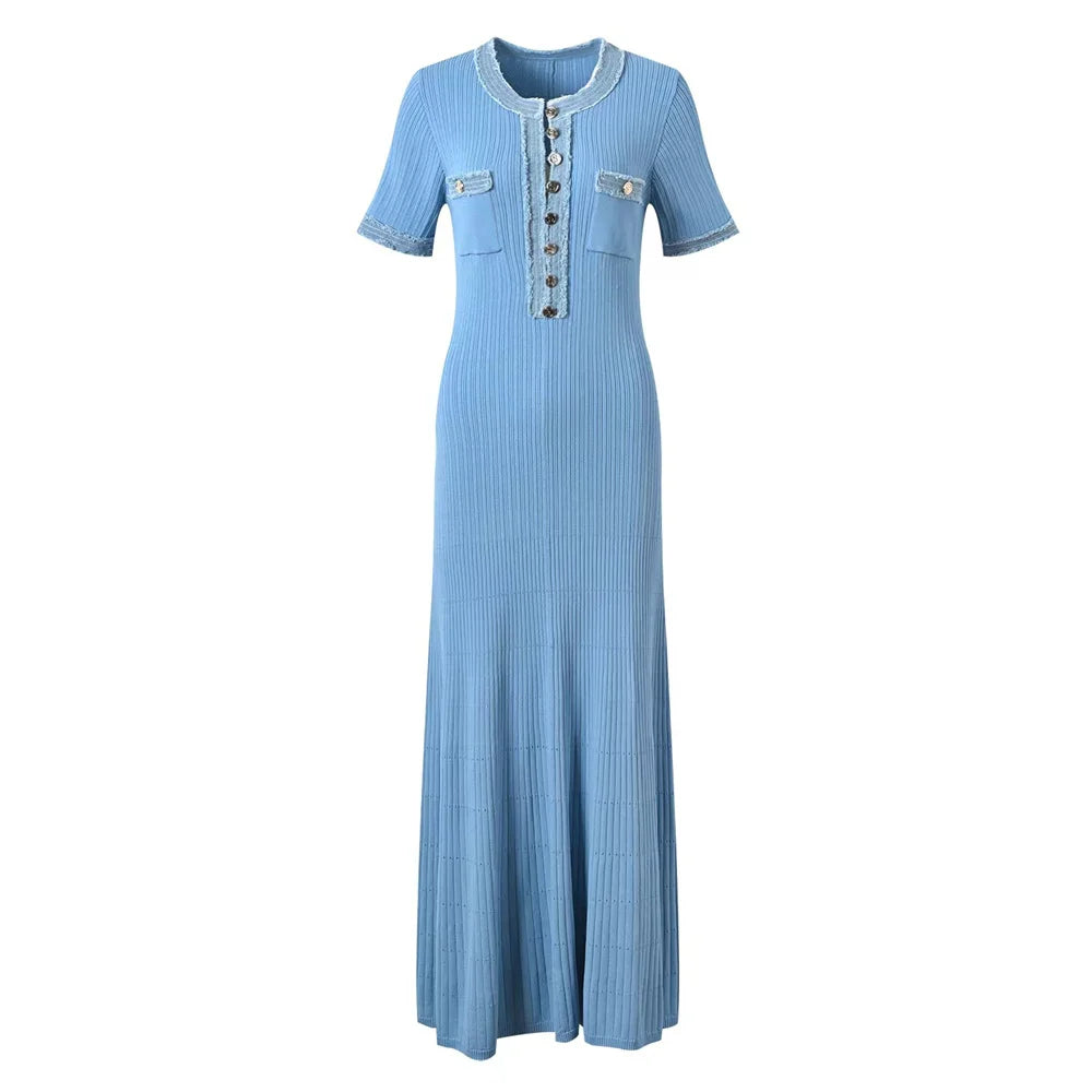 Chic Knit Maxi Dress With O Neck And Button Detailing