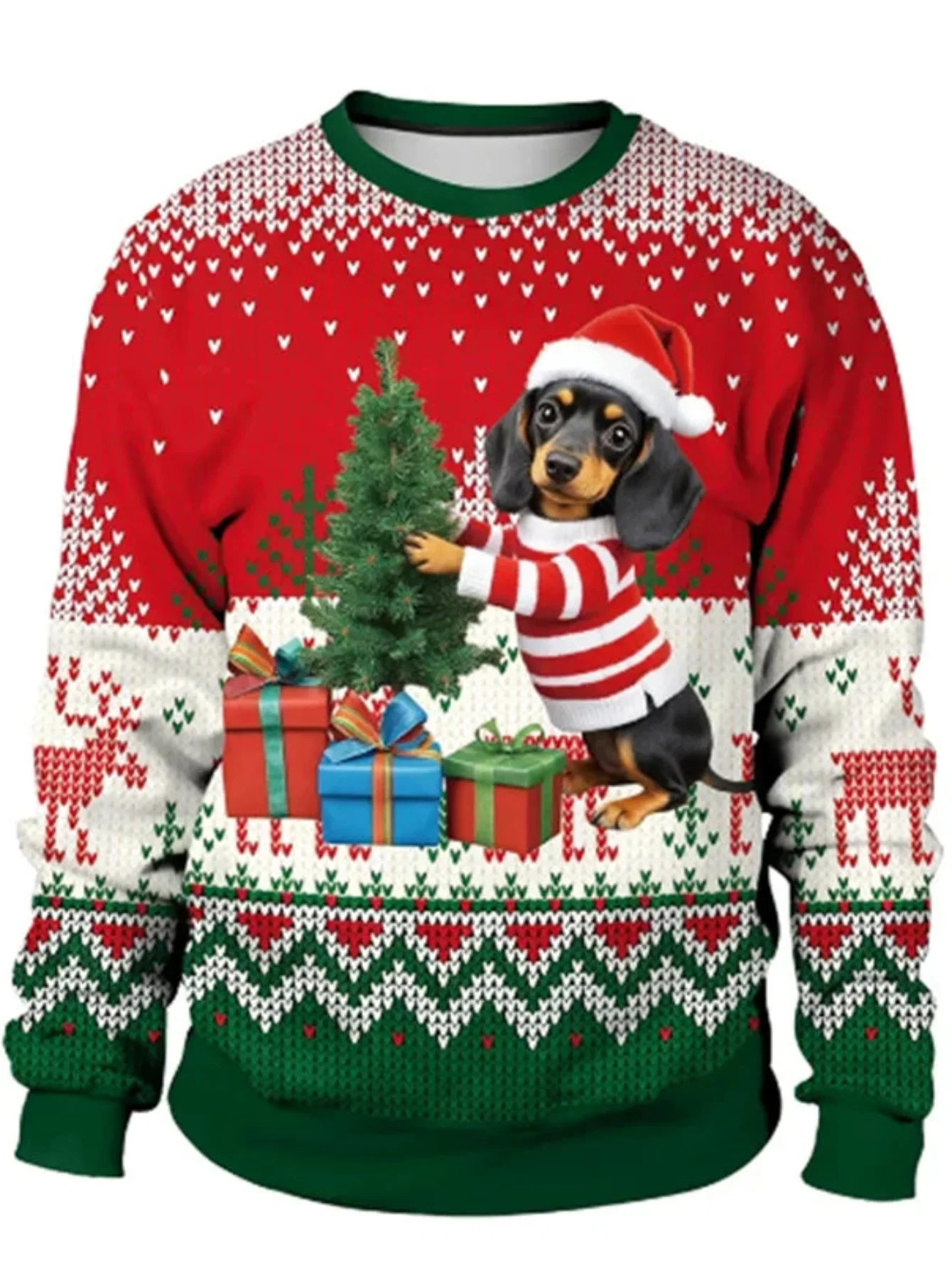 Ugly Christmas Dachund Puppy Print Holiday Sweatshirt