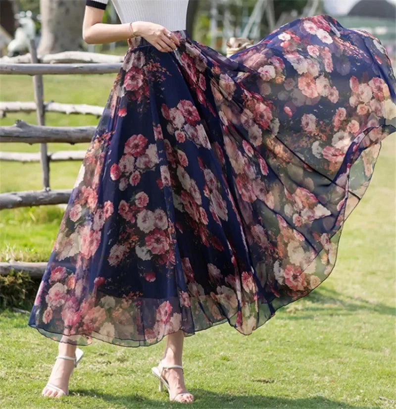 Elegant Pleated Chiffon Floral Beach Skirt for Women