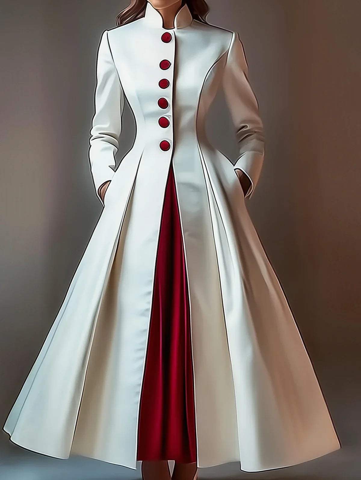 Elegant Long Stand Collar Red Button Maxi Dress For Formal Evening