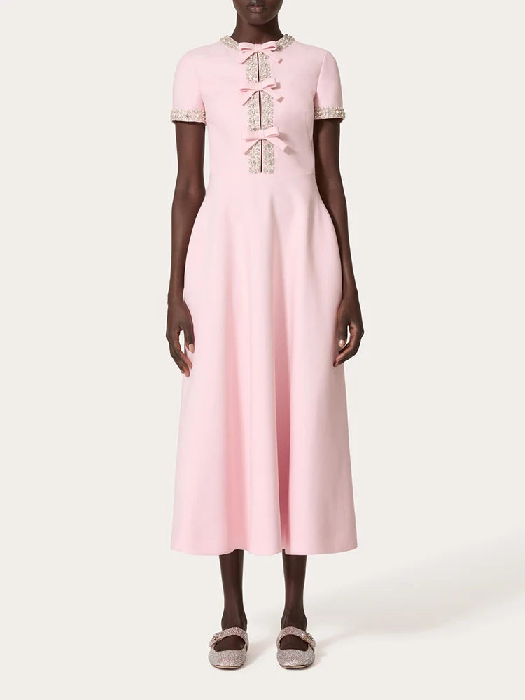Patchwork Diamond Dress With Bowknot For Women High Waist