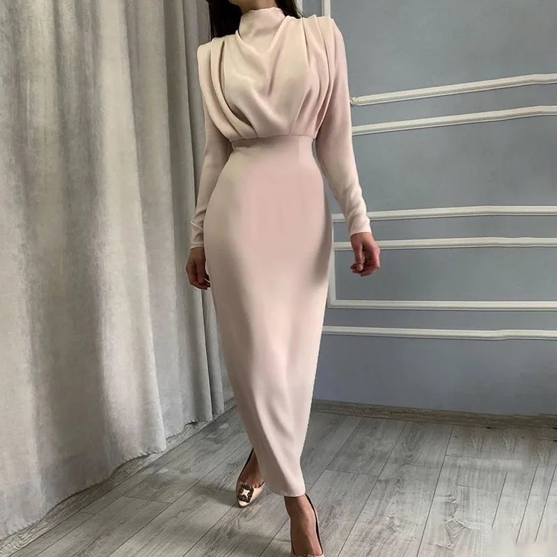 Blue Bodycon Midi Dress With Turtleneck Long Sleeve