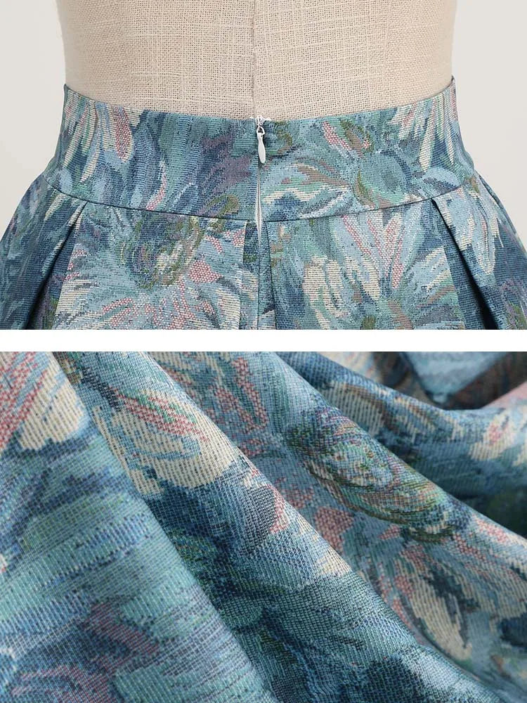 1950s Floral Print High Waist Pleated Midi Skirt