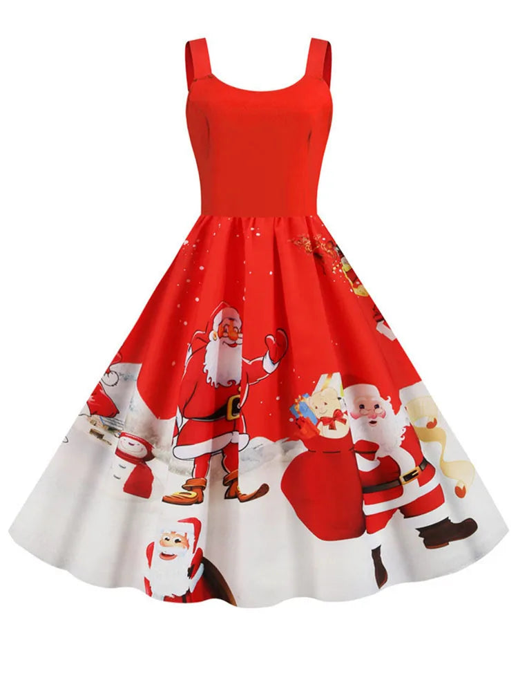 Women's Christmas Printed Midi Party Dress