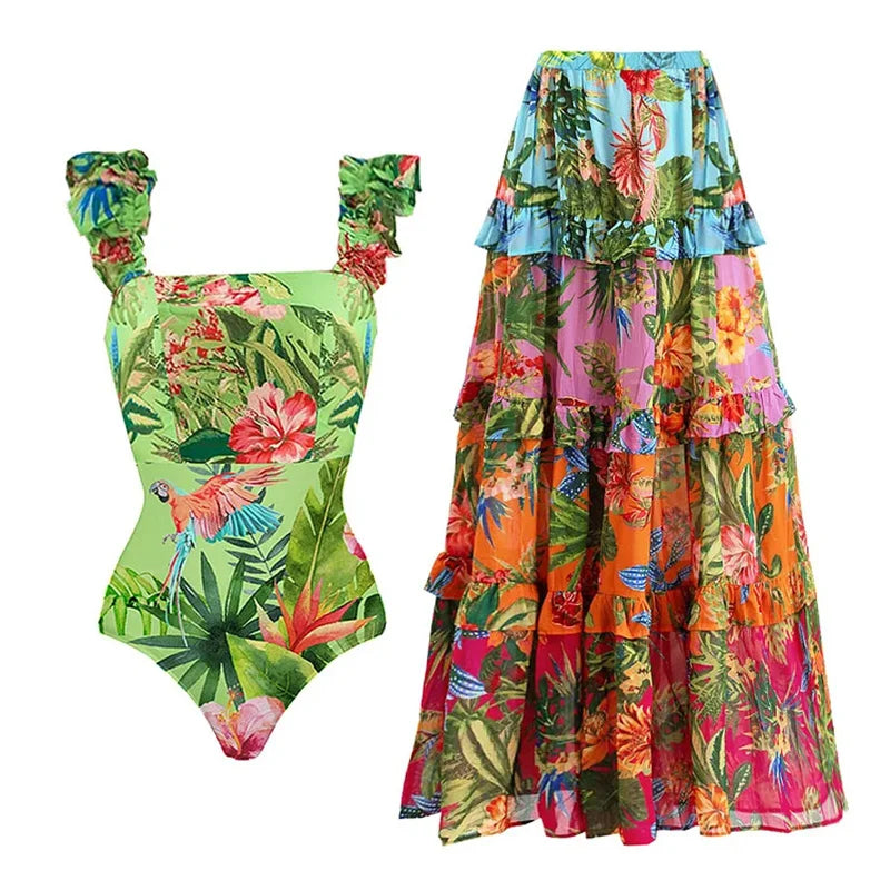 Flower Ruffle Swimsuit With Cover Up V Neck Bikini