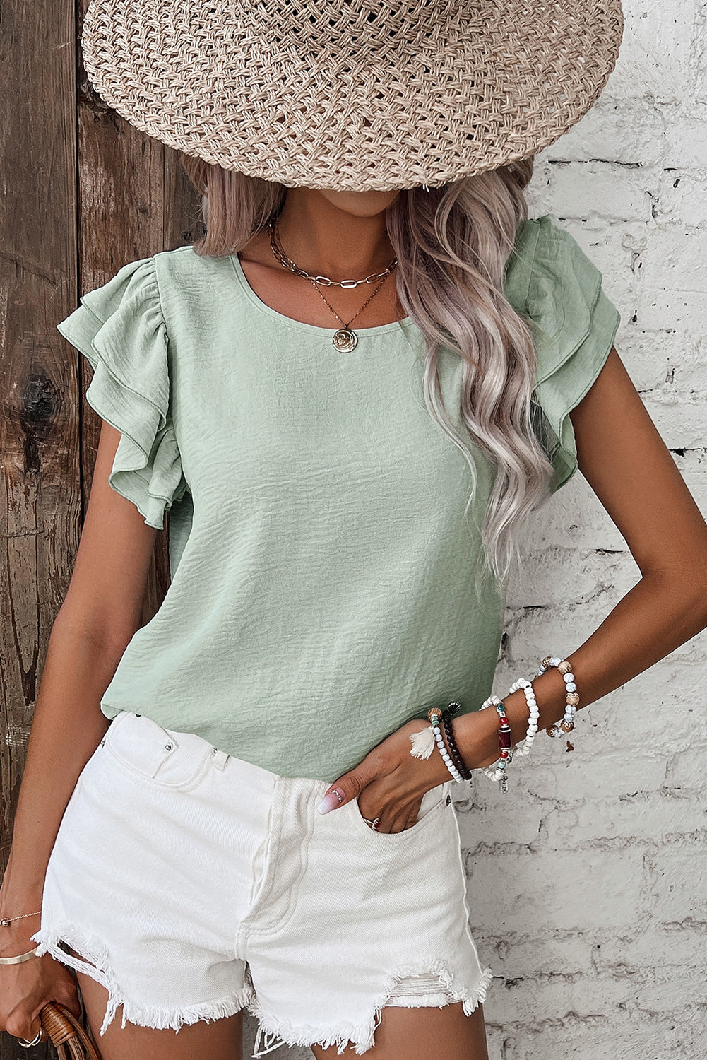 Mint Green Solid Color Ruffled Short Sleeve Casual Blouse