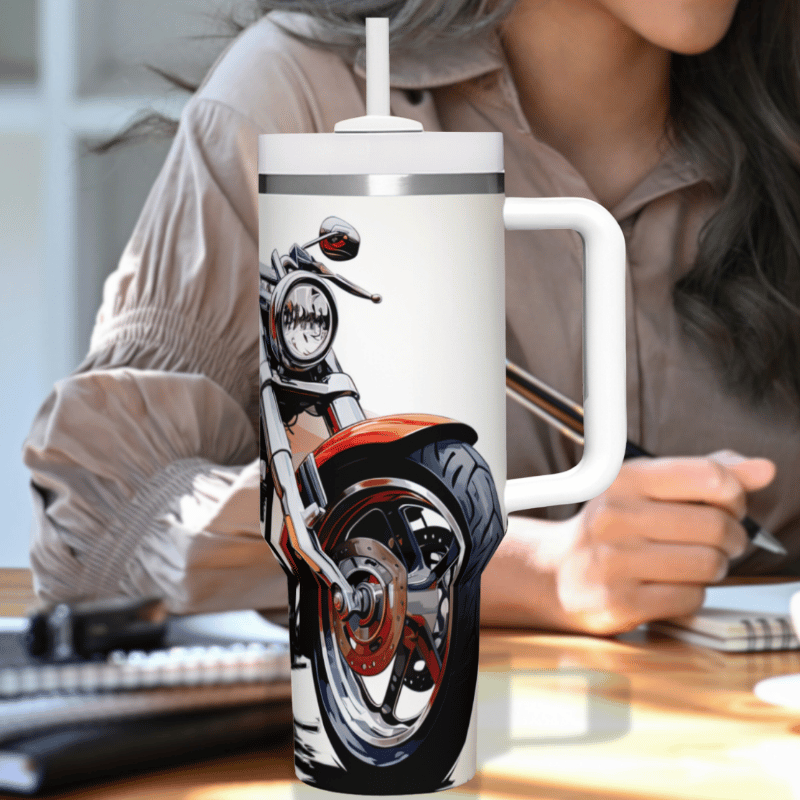 a woman sitting at a desk with a coffee mug