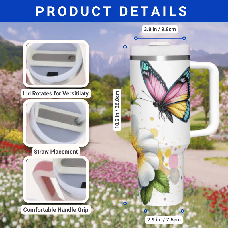 the product details for the travel mug