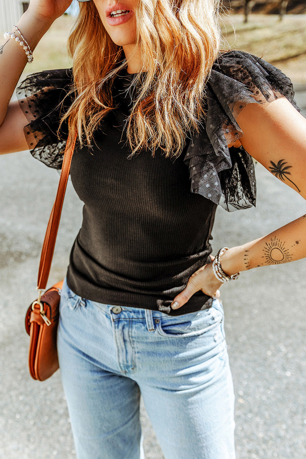 Black - Dotty Mesh Ruffle Sleeve Ribbed Knit Top
