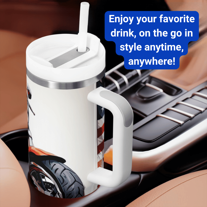 a coffee cup with a spoon in it sitting on a car dashboard