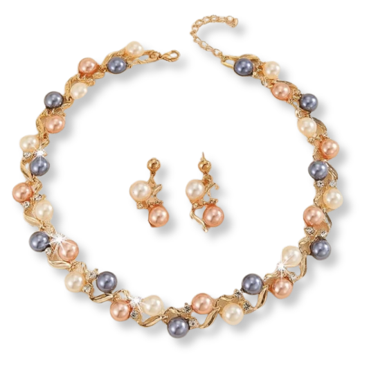 Elegant Rhinestone Leaf Pearl Jewelry Set