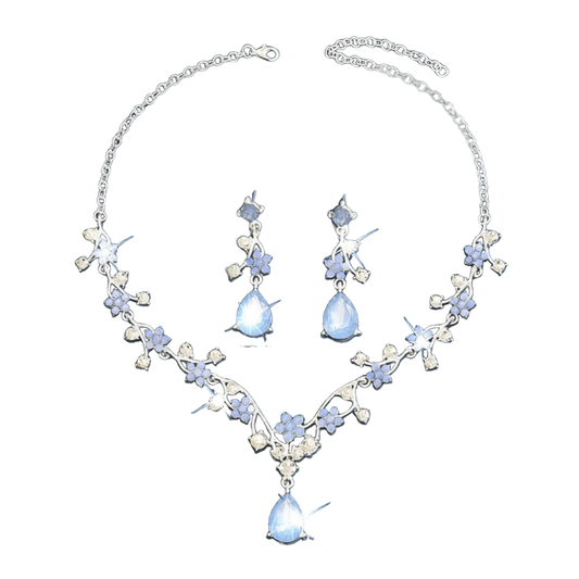 Sky Blue Floral Earrings Necklace Jewelry Set