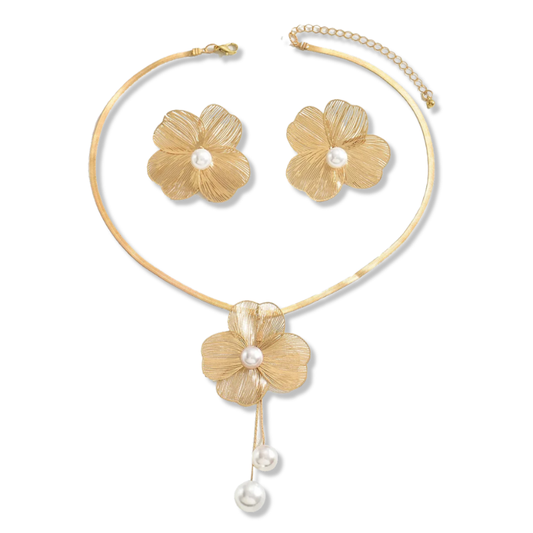 Copper Flower Pearl Necklace And Earrings Set