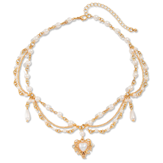 Multilayer Pearl Choker Necklace Heart Pendant