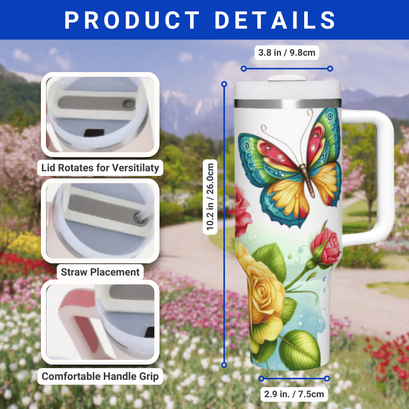 the product details for the travel mug