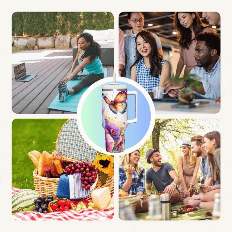 a collage of photos of people having a picnic