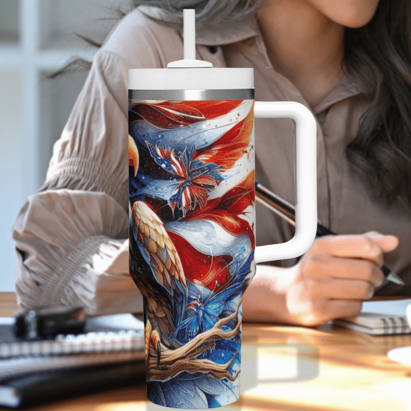 a woman sitting at a desk with a coffee mug