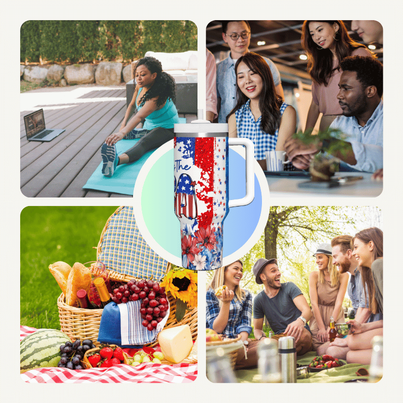 a collage of photos of people sitting around a picnic table