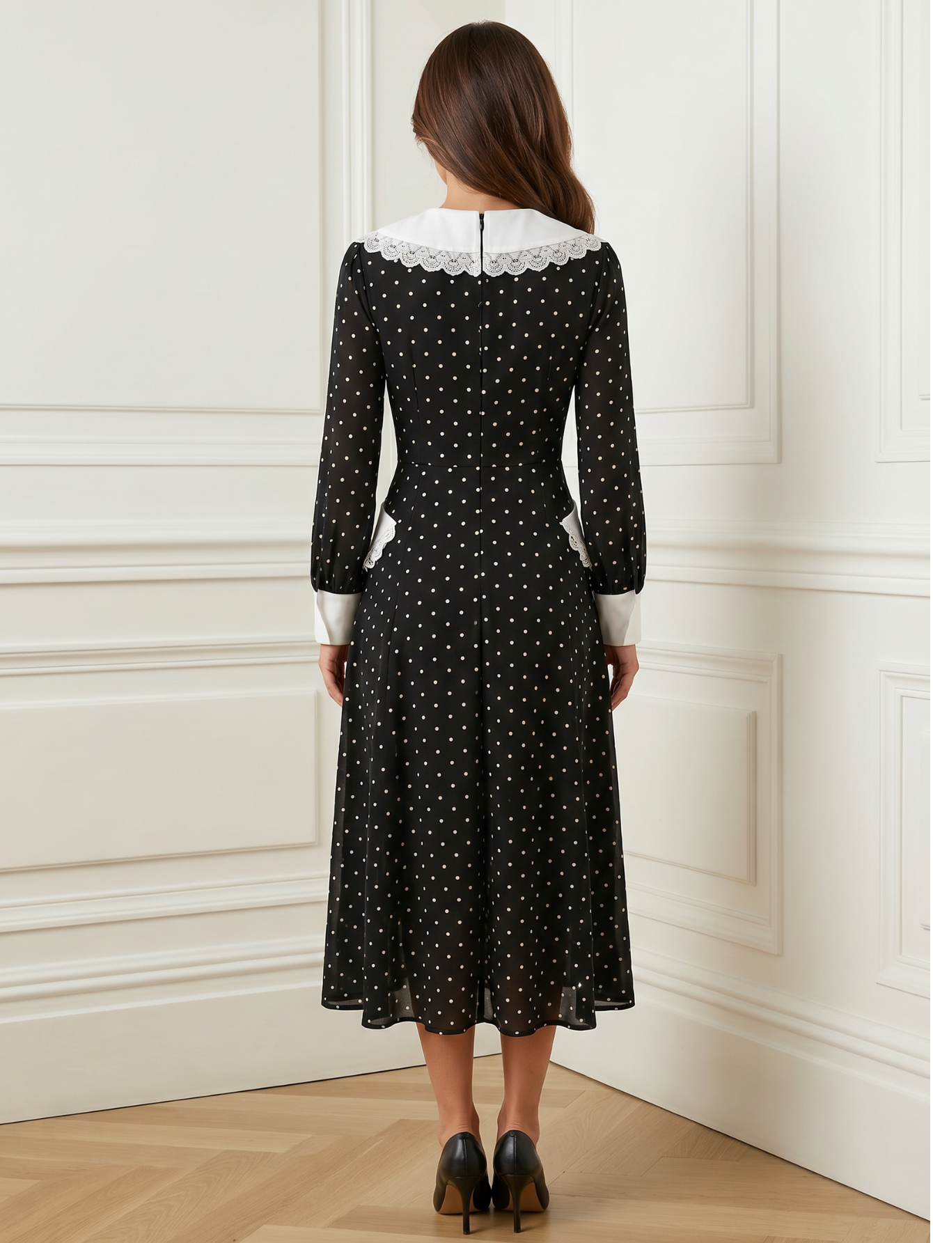 Slim Print Womens Dress With Doll Collar For Office Midi