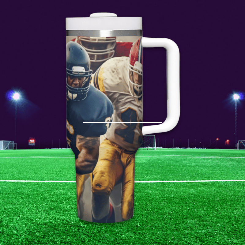 a coffee mug with a photo of football players on it