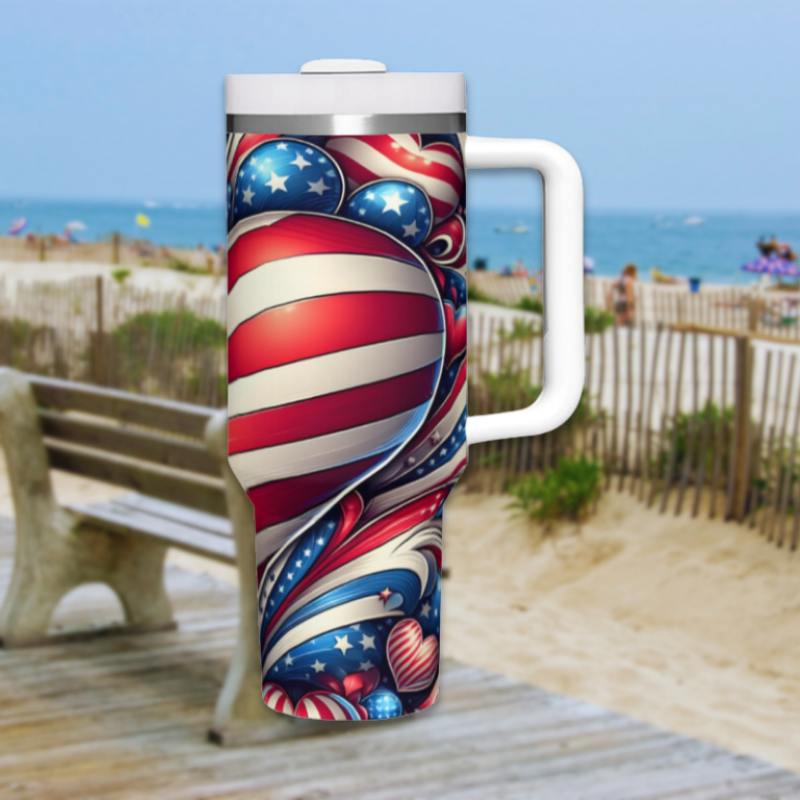 a travel mug with a patriotic design on it