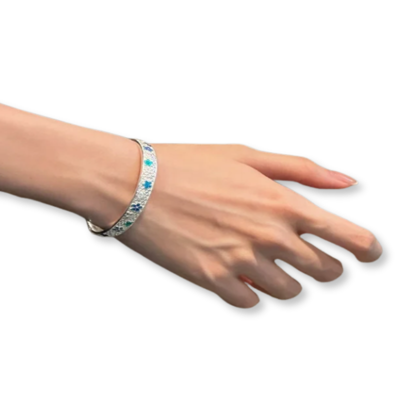 Silver Plum Blossom Blue Open Bangle