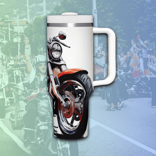 a coffee mug with a picture of a motorcycle on it