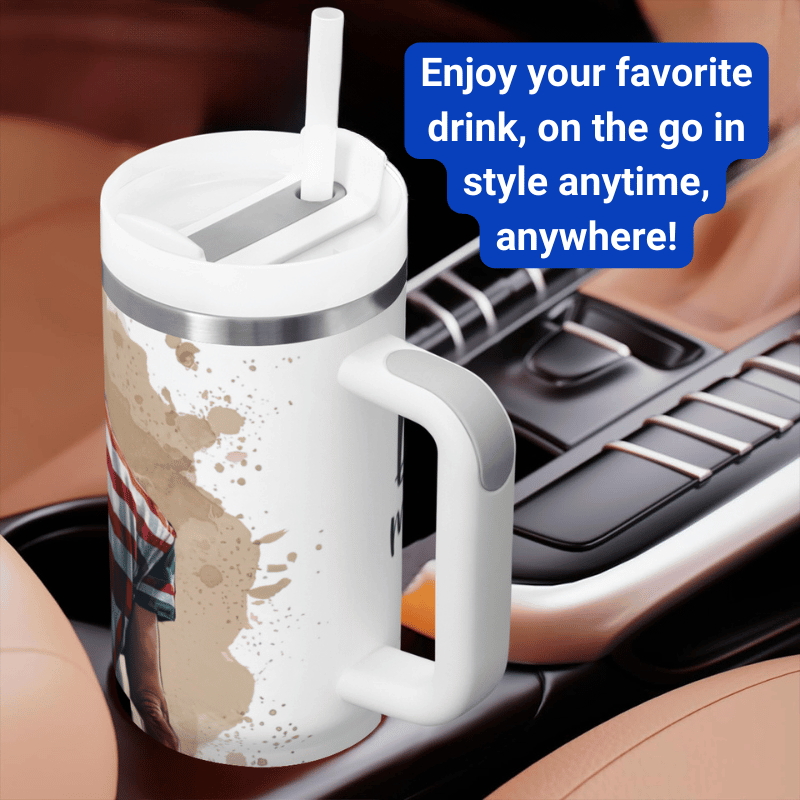 a travel mug with a straw sticking out of it