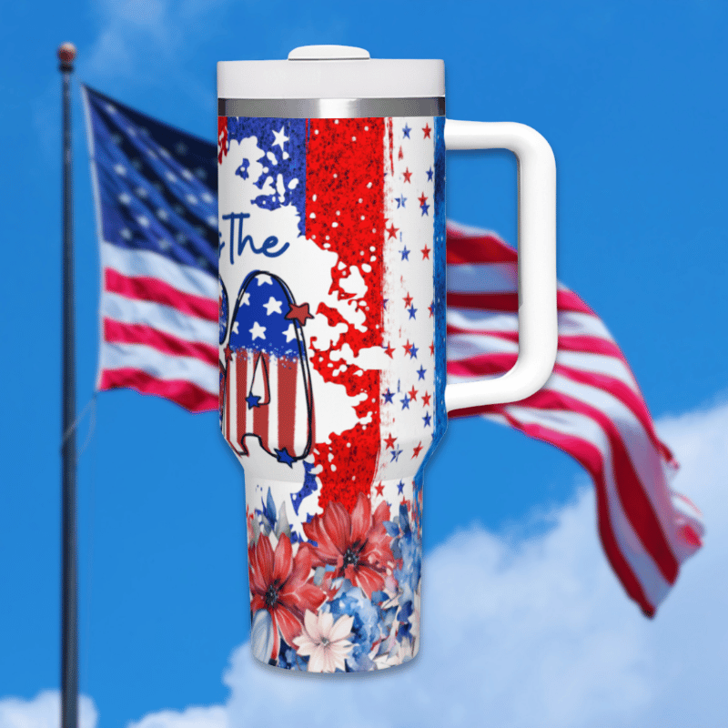 an american flag and a patriotic coffee mug