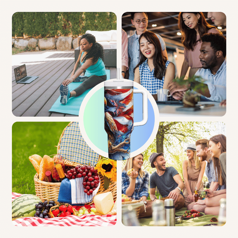 a collage of photos of people having a picnic