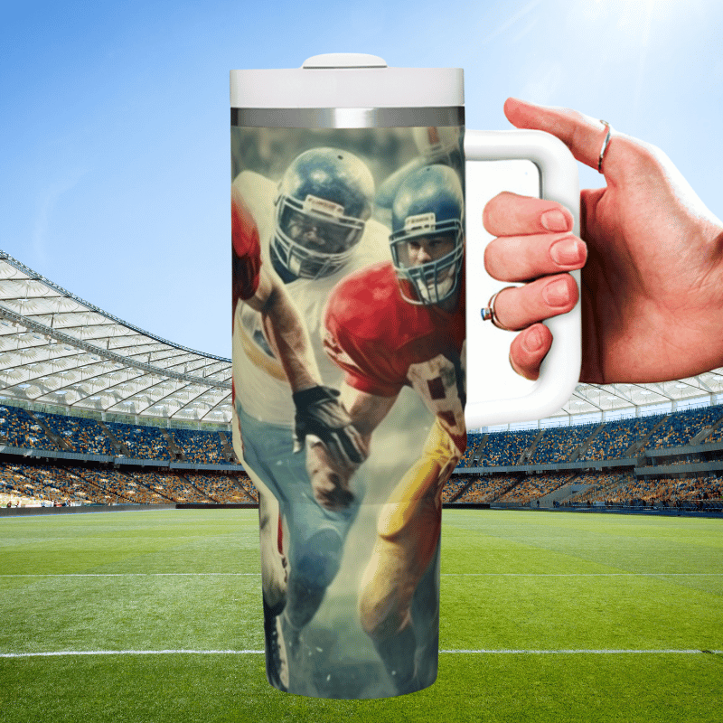 a hand holding a coffee mug with a picture of a football player on it