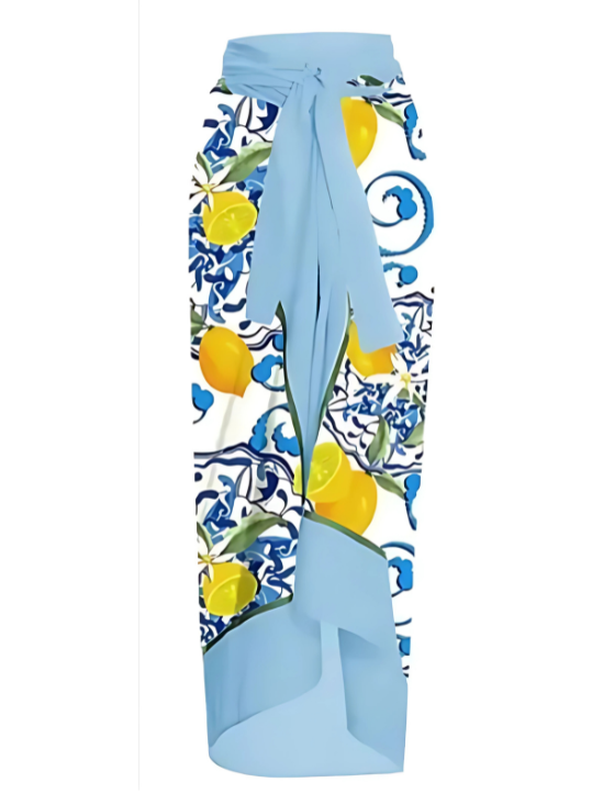 Elegant Summer Citrus Mosaic One-Piece Swimsuit with Skirt