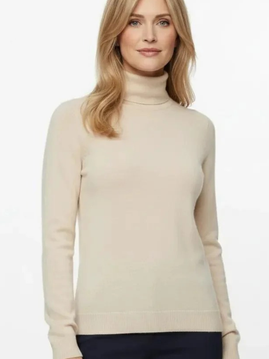 Beige Merino Wool Long Sleeve Turtleneck Sweater