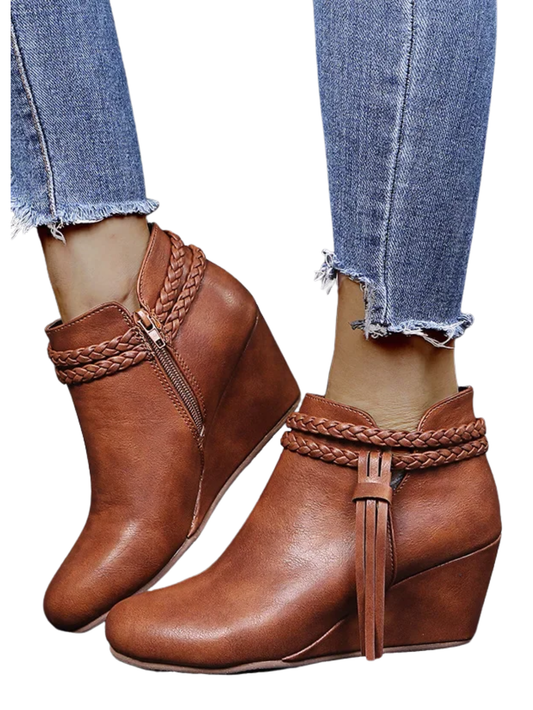 Retro Wedge Heel Boots With Tassels Zipper Round Toe