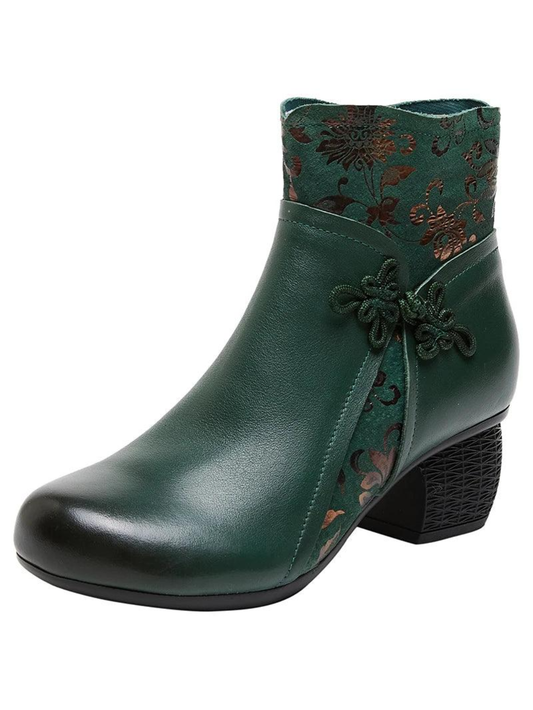 Genuine Leather Ankle Boots With Ethnic Print Winter